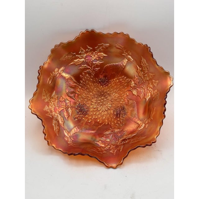 1950s Vintage Fenton Marigold Stag & Holly Carnival Glass Footed Bow 11” X 4” For Sale - Image 5 of 9