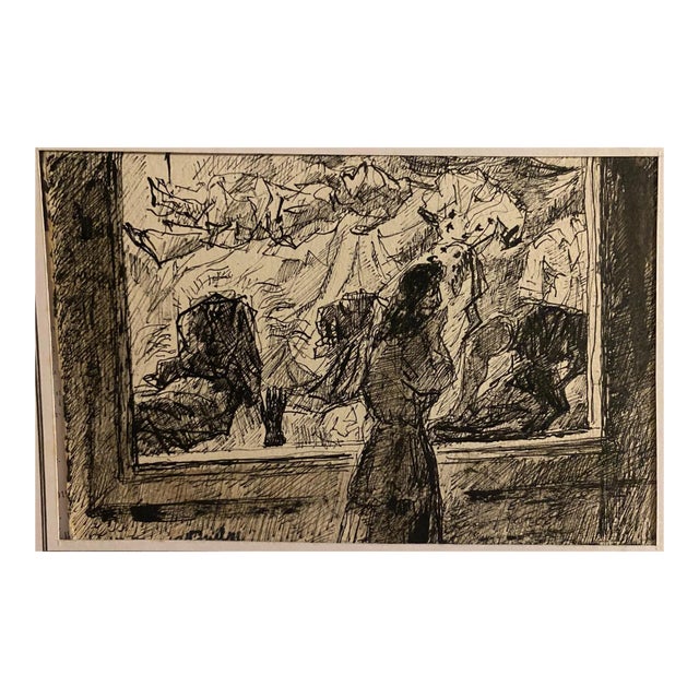 Mogniat-Duclos Bertrand, Figures In the Museum, Original Pen on Paper, 1950s For Sale