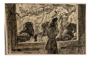 Mogniat-Duclos Bertrand, Figures In the Museum, Original Pen on Paper, 1950s