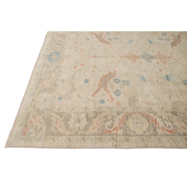 Modern Sultanabad Handmade Beige Floral Wool Rug For Sale - Image 4 of 11