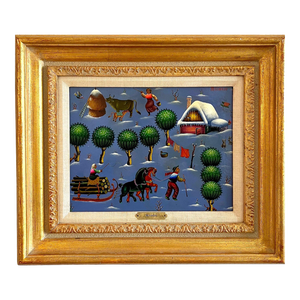 Ljubomir Milinkov, Folk Art Naive Oil Painting Ljubomir Milinkov Whimsical Pastoral Farm Landscape