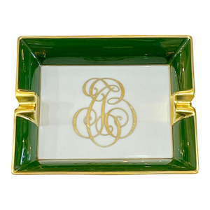 Vintage Limoges Ashtray by Chastagner & Cie Olive Green With Gold Monogram