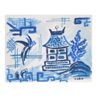 Blue Willow Inspired Landscape Painting For Sale