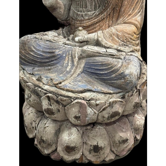 Antique Chinese Polychrome Wood Buddha on Double Lotus Base Large 42” For Sale In Houston - Image 6 of 10