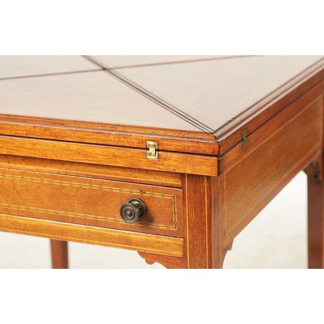 Brown An English Sheraton Mahogany and Satinwood Inlaid Handkerchief Table Early 20th Century, Leather Top From the Estate of Bob Newhart For Sale - Image 8 of 8