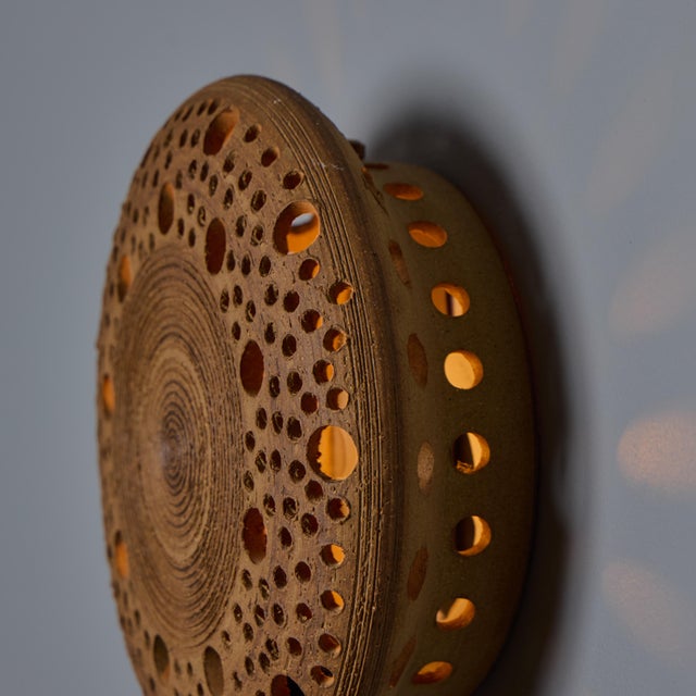 Ceramic Early 1970s Per Bovin Hand Thrown Perforated Earthenware Plug-in Wall Lamp For Sale - Image 7 of 18