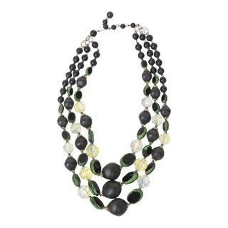 Vintage Resin and Lucite Green, Black, Clear 3 Strand Necklace, 1950's For Sale