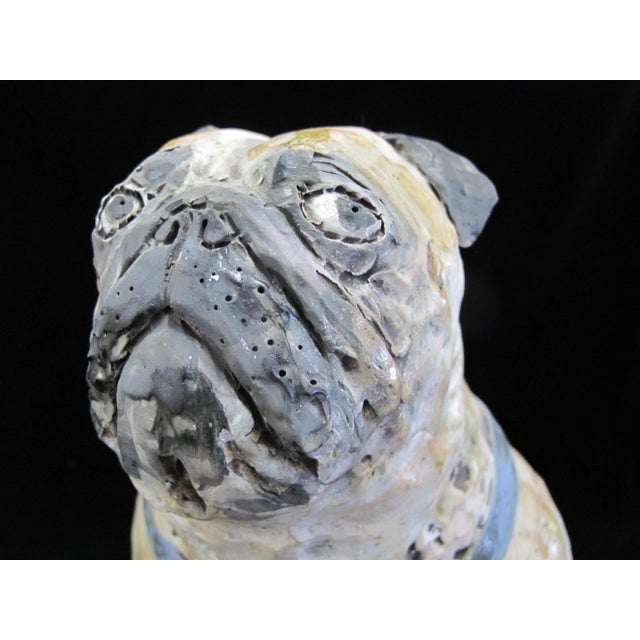 Pug Dog With Blue Harness Studio Pottery Sculpture Statue Signed Kaj For Sale - Image 9 of 15