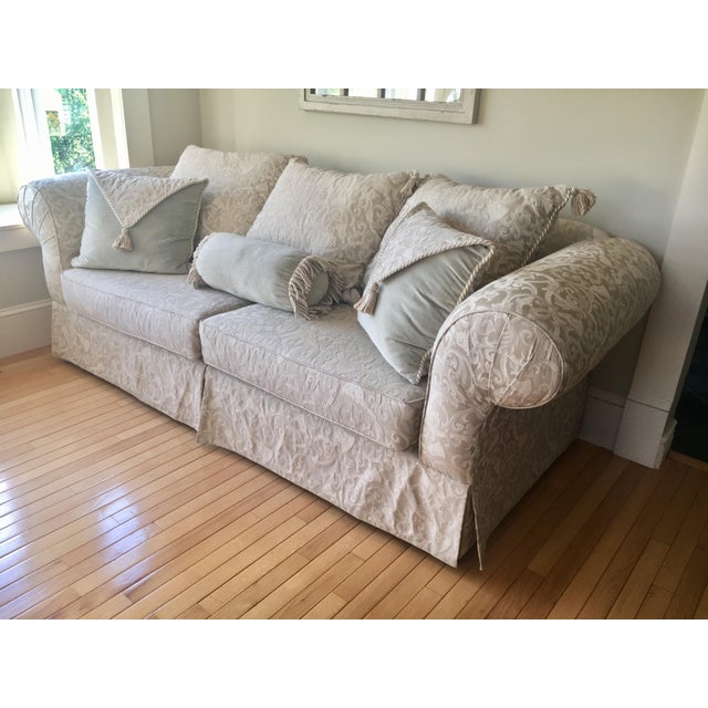 Greige and Silver Sage Damask Sofa With Velvet Accent Pillows Chairish