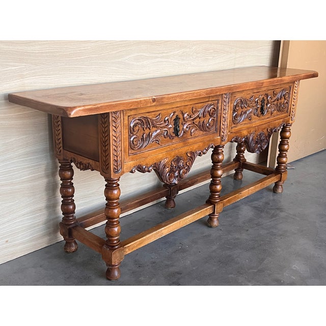 Wood Early 20th Large Carved Walnut Console Table With Two Drawers For Sale - Image 7 of 10