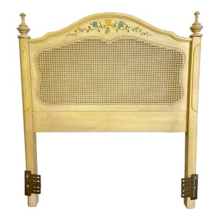 Vintage French Provincial Hollywood Regency Caned Hand Painted Twin Headboard For Sale