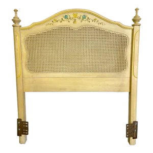 Vintage French Provincial Hollywood Regency Caned Hand Painted Twin Headboard