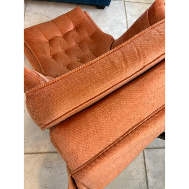 Vintage Salmon Pink Tufted Skirted Corded Velvet Swivel Club Chairs - A Pair For Sale - Image 11 of 17