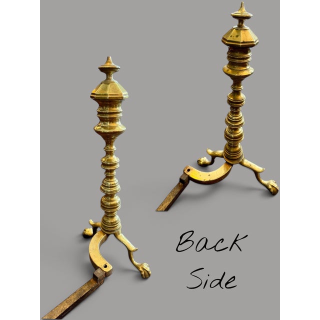 Metal Antique Brass Andirons Pair-Chippendale-Beehive-Claw Foot-Fireplace Dogs-Federal For Sale - Image 7 of 11