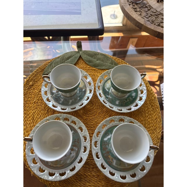 Gorgeous, mid-century, vintage, Japanese lusterware teaset featuring sophisticated and dainty hand-painted mint green and...