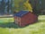Abandoned Barn Revisited by Samantha Buller | Oil on panel of a red barn in a green field For Sale