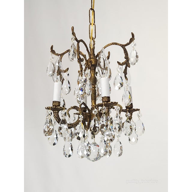 Shabby Chic Antique 4 Arm 4 Light Lovely Lavish Brass Cut Lead Glass Crystal Chandelier For Sale - Image 3 of 12