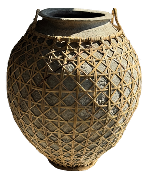 Vintage Light Grey Pot with Lattice Lid and Rattan Handles, 1960s