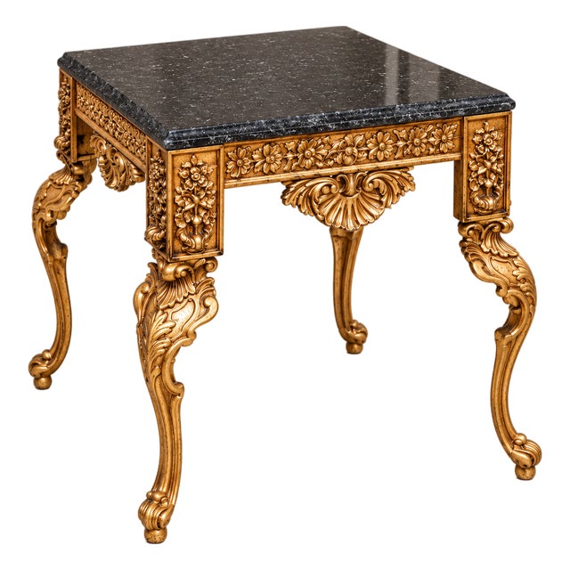 French-Style Gilded Side Table – Square Black Marble Top With Ornate Gold Leaf Details For Sale