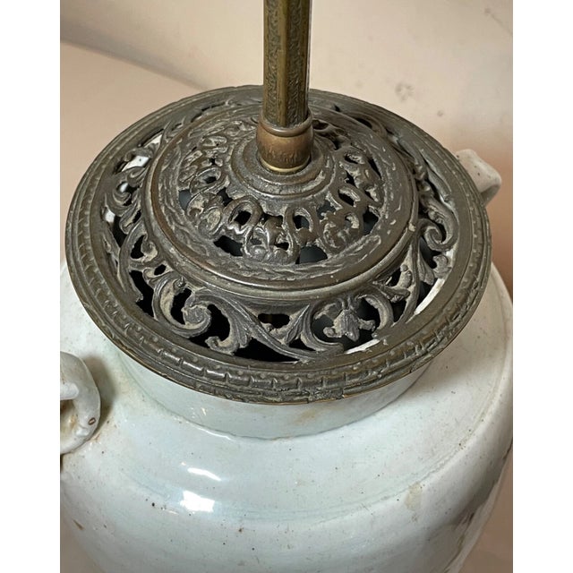 Ceramic Rare Antique Ming Dynasty Chinese White Glazed Stoneware Pottery Vase Table Lamp For Sale - Image 7 of 16