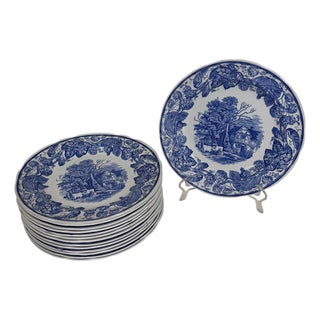 Vintage Spode Blue Room Collection “Rural Scenes” Plate, Made in England - Set of 14 For Sale