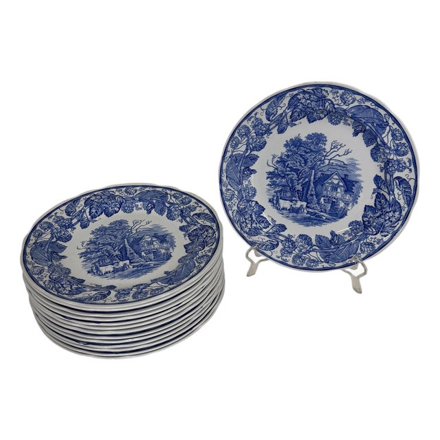 Vintage Spode Blue Room Collection “Rural Scenes” Plate, Made in England - Set of 14 For Sale