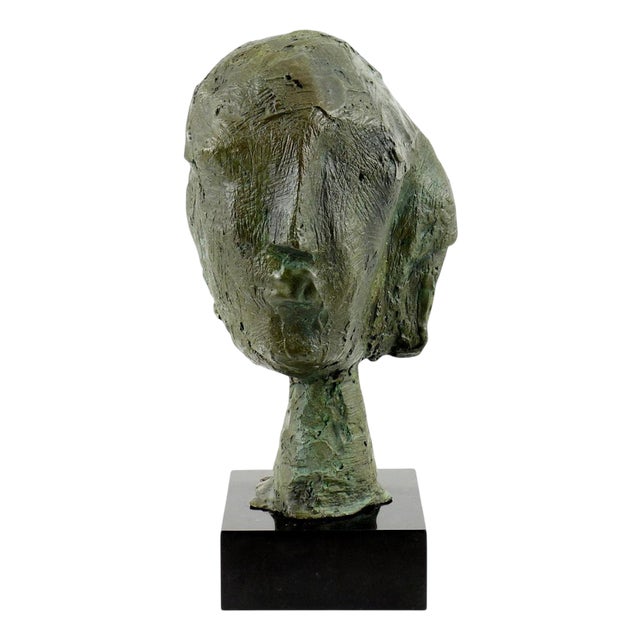 Abstract Head Sculpture, 20th Century, Green-Patinated Bronze For Sale