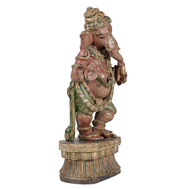 Indian Vintage Handcrafted Large Dancing Ganesha Statue | 20" Tall Hand Painted Wood Hindu Deity Figurine | Unique Spiritual Home Decor | Indian Art Gift For Sale - Image 3 of 6
