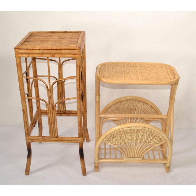 1970s Bamboo Cane Wicker Mid-Century Modern Side Bedside End Sofa Table Magazine Stand For Sale - Image 11 of 12