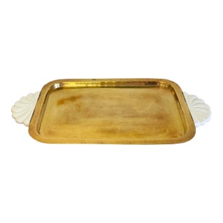 Large Vintage Brass Tray With Ceramic Shell Shaped Handles For Sale