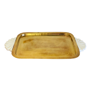 Large Vintage Brass Tray With Ceramic Shell Shaped Handles
