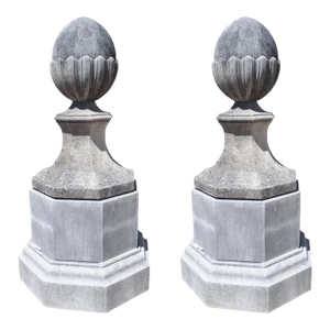 Pair of Large Italian Carved Limestone Acorn Finials on Octagonal Plinths