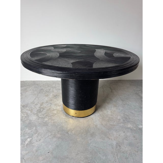 Black 1970s Gabriella Crespi–Style Black Painted Pencil Reed Rattan Round Dining Table With Brass Base For Sale - Image 8 of 12