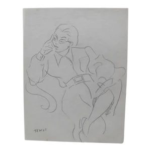 1950s Nickolas Takis Ink on Paper "Woman With Belt Reclining" Original Drawing