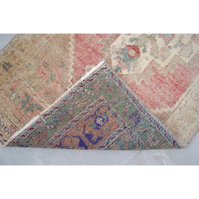 Terra Cotta 1970s Distressed Low Pile Turkish Yastik Petite Rug Faded Mat - 22'' X 44'' For Sale - Image 8 of 13