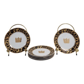Highgate Manor “Leopard Chic” Salad Plates, Set of 6 – Crown Motif, Hollywood Regency Glam For Sale