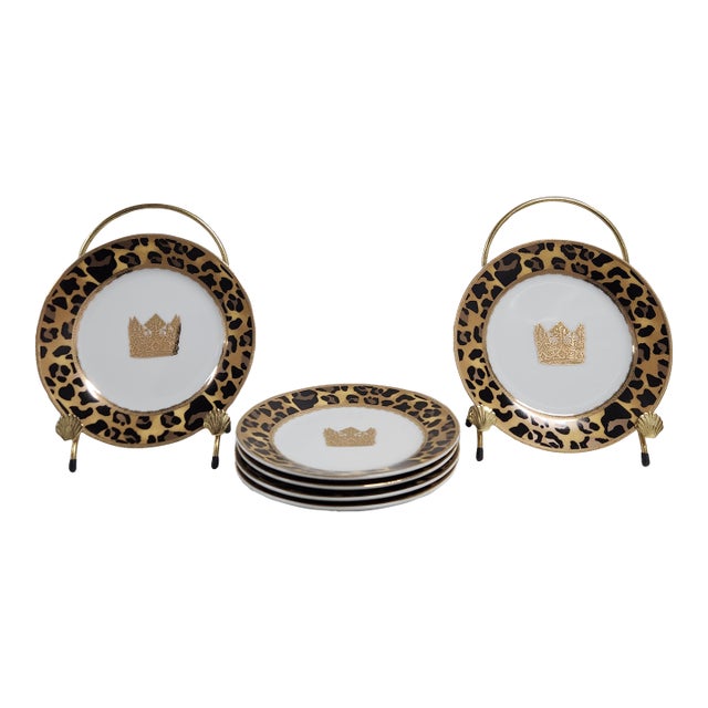 Highgate Manor “Leopard Chic” Salad Plates, Set of 6 – Crown Motif, Hollywood Regency Glam For Sale
