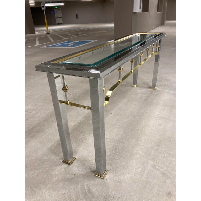 Vintage chrome, brass, and beveled glass in-set top console, sofa table, in Erwin Lambeth fireplace fender style, manner...