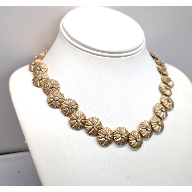 Mid-Century Modern Vintage 1950s Signed Crown Trifari Goldtone "Bursts" With Clear Rhinestone Link Collar Necklace For Sale - Image 3 of 11