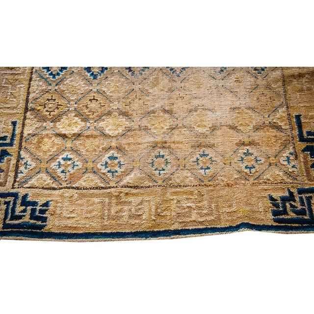 Chinese 1880s Antique Camel Ground Geometric Foo Dog Knotted Chinese Ningxia Rug For Sale - Image 3 of 10