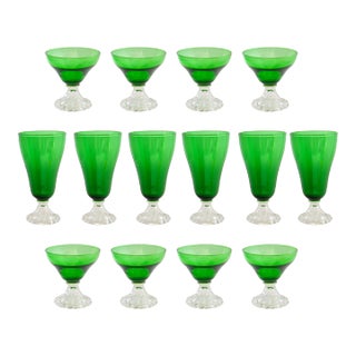 Midcentury Anchor Hocking Holiday Green Stems / Glasses, Set of 14 For Sale