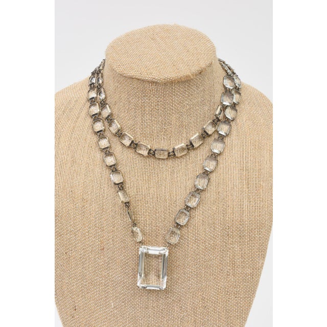 Vintage Art Deco Crystal and Silver Long Necklace With Faceted Square Pendant For Sale - Image 9 of 11