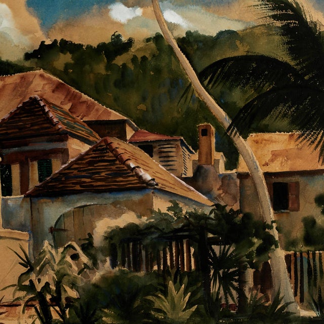 Tropical Watercolor Painting With Buildings by Avery Johnson For Sale - Image 9 of 11
