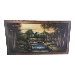 Vintage Mid Century Fabric Painting Waterfall Landscape Wall Art 48" X 26" For Sale