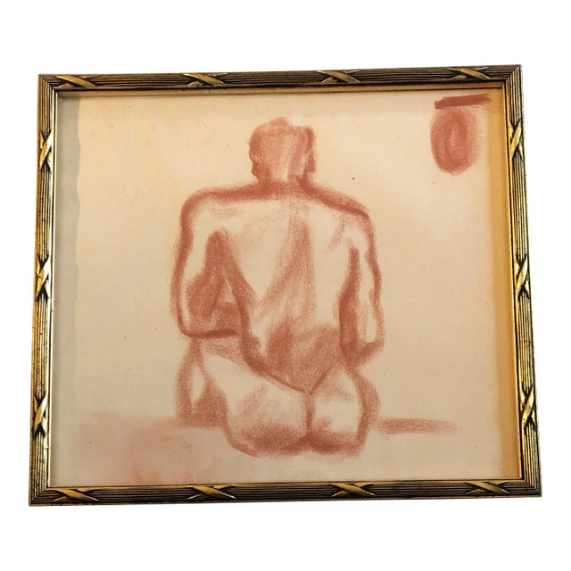 1940’s Original Male Nude Sepia Drawing Vintage Frame For Sale