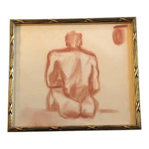 1940’s Original Male Nude Sepia Drawing Vintage Frame