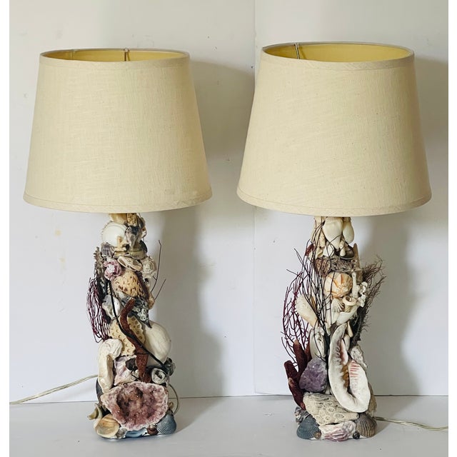 Marine World grotto style sea shells lamps with amethyst grid, ammonite fossil, sea whip branches, sponges and corals...