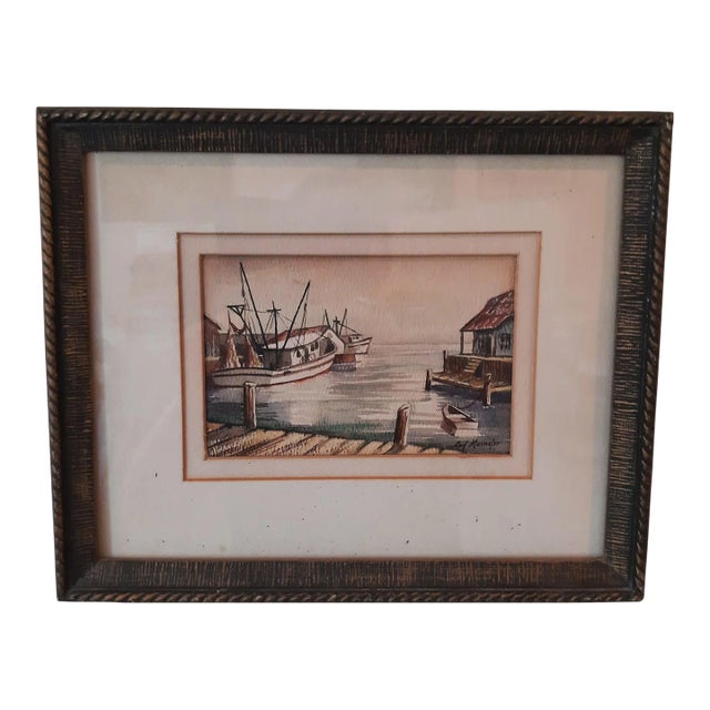 Vintage Framed Watercolor Boats Dock Painting Signed For Sale