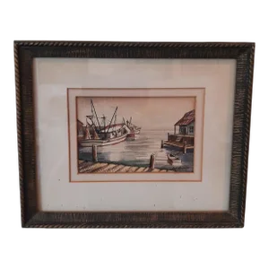 Vintage Framed Watercolor Boats Dock Painting Signed