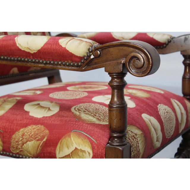 Brick Red 17th Century Style European Floral Fabric Dining Chairs - Set of 10 For Sale - Image 8 of 13